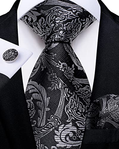 Image of DiBanGu Silk Zipper Ties for Men,Paisley Solid Plaid Pre-tied Tie and Pocket Square Cufflinks Set Formal Adjustable Necktie