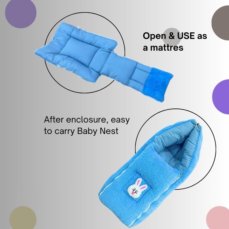 Image of VOIDROP Velvet Blue 3 in 1 Baby Sleeping Bag & Carry Nest | Cotton Bedding Set for Infants & New Born Baby | Portable /Travel & Skin Friendly | 0-6 Months