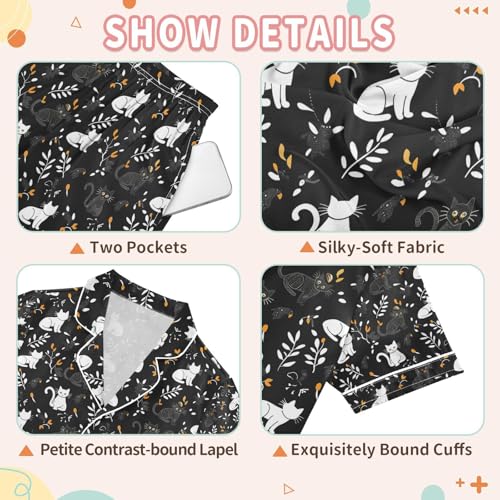 senya Flower Cat Black Satin Summer Pajama Sets Silk Short Sleeve Button Down Sleepwear3