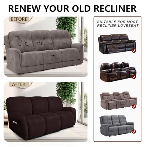 Image of ANARACHON Leather Look Recliner Couch Cover 8-Piece Recliner Sofa Slipcovers 3 Seater for Reclining Couches Furniture Protector Spandex Fabric Washable (Recliner Sofa,256Chocolate)