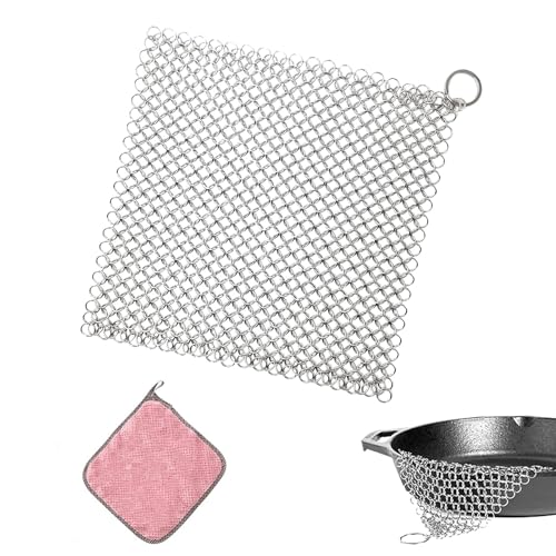 Image of Cast Iron Cleaner Stainless Steel Chainmail Scrubber Cast Iron Skillet Cleaner for Cast Iron Pan, Griddle Pans, BBQ Grills, Dutch Ovens and More Pot Cookware, with Dishcloth (8x8 Inch)