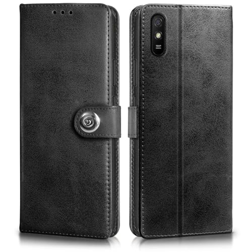 Image of WOW IMAGINE Shock Proof Flip Cover Back Case for Xiaomi Mi Redmi 9A | 9i | 9A Sport (Magnetic Button Flip Case | Wallet Pockets & Stand | Leather Finish | Haze Black)