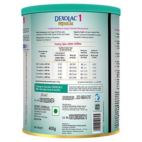 Dexolac Premium Stage 1 Infant Formula Milk powder for Babies (upto 6 months), 400g, Tin