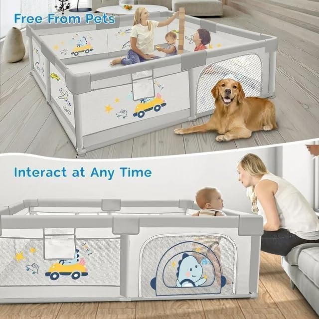 Image of MONSTECH Large Baby Playpen 150x180cm Pit Balls Playpen for Baby up to 5 Years with Anti-Fall Rings, Safety Lock, Breathable Mesh, Kids Activity Center Play Pen (Large-GreyPrint)