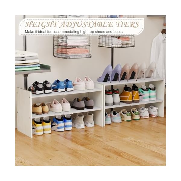   X-cosrack-2-Tier-Shoe-Rack-Organizer-for-Closet-Expandable-and-Adjustable-White-Shoe-Rack-Stackable-Iron-Wood-Combination-Shoe-Storage-Shelves-for-Closets-Entryway-Small-Space-Hallway-Garage