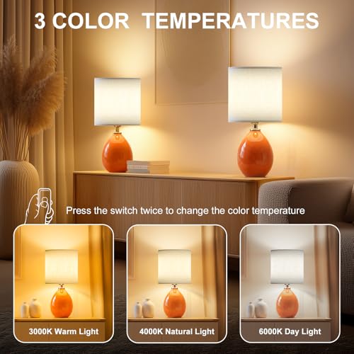 Image of Dawnwake 18.5 inch Table Lamp Set of 2 for Living Room Bedroom, Bedside Lamps for Night Stands, Desk Nightstand Lamp Dimmable, Modern Linen Cream Ceramic Lamps (Orange)