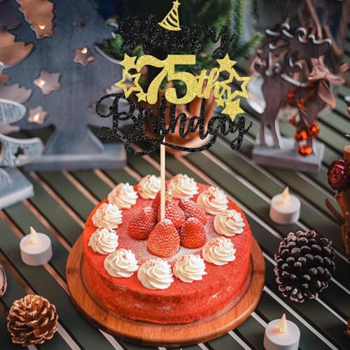 Image of Confetti! Glittering 75th Birthday Cake Topper with Star Hat - Cheers to 75 Years! Fabulous Cake Decorations for Elders 75th Birthday & Anniversary Party Supply