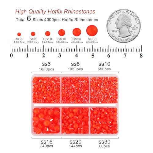 Image of BEADSLAND Hotfix Rhinestones, 4000 PCS Rhinestones for Clothes Crafts Mixed 6 Sizes with Wax Pencil and Tweezers Kit, SS6-SS30, Neon Orange