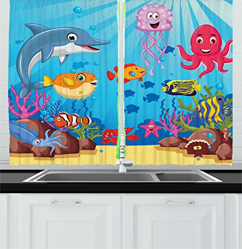 Lunarable Whale Long Kitchen Curtains, Happy Animals Cartoon Characters Mollusc Rocks Sun Rays Comic Art, 2 Panel Set Drapes with Rod Pocket Room Decor, 55