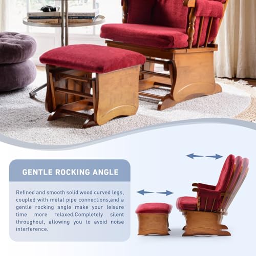 Image of Solid Wood Glider Rocking Chair with Ottoman, Warm Oak Frame with Plush Maroon Upholstery, Quiet Smooth Glide for Nursery, Living Room, Bedroom, Reading & Relaxing