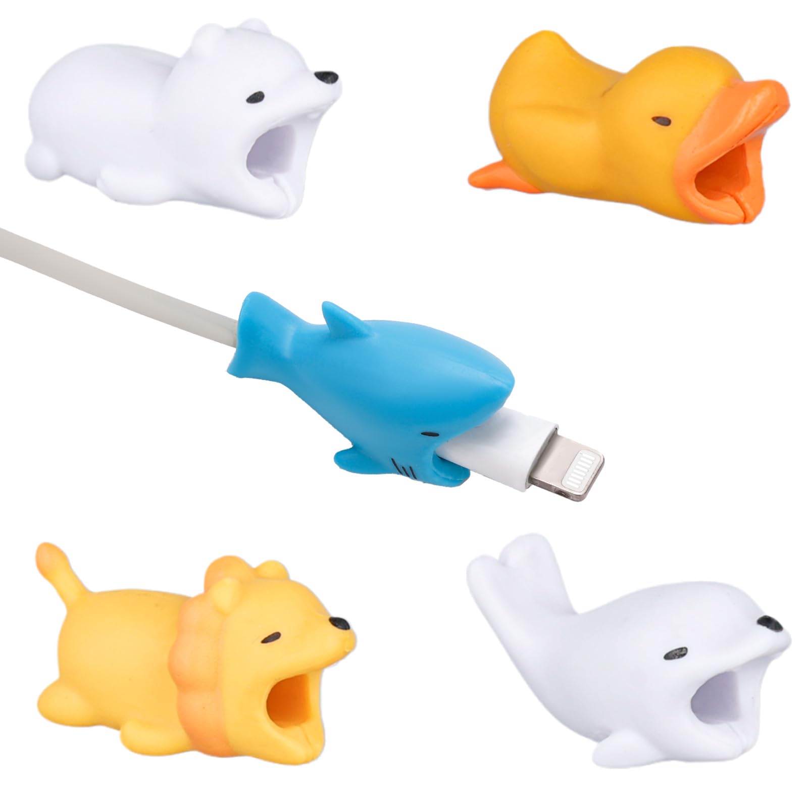 5pcs Cable Protector Animals Bite, Cute Charging Cord Savers White River Dolphin, Lion, Polar Bear, Yellow Duck, Blue Shark Data Cable Protector Cover for Most Cellphones and iPad Chargers