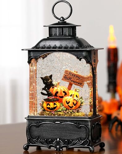 Blansong Halloween Snow Globe Lantern Halloween Decorations for Home Black Cat Ghost Pumpkin with Timer, USB and Battery Powered 10.2 inch