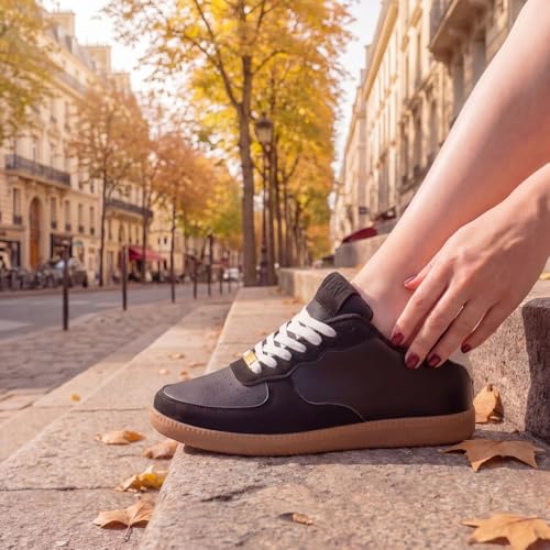 Image of HXV Women Fashion Sneakers Casual Tennis Shoes Retro Trendy Low Top Lace-Up Breathable Non Slip Lightweight Comfortable Zero Drop Cute Flat Walking Shoes