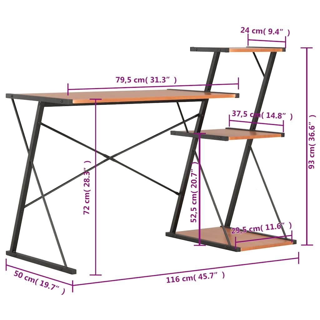 Scrivania con mensola nera e marrone, 116 x 50 x 93 cm, moderna scrivania per computer, tavolo da lavoro per PC portatile, con spazio di archiviazione, ergonomica, per ufficio, casa, studio