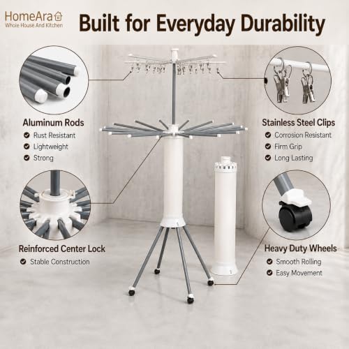 Image of 360 Rotating Clothes Drying Stand with 16 Aluminum Drying Rods & 20 Stainless Steel Clips | Foldable Indoor Outdoor Laundry Drying Rack | 4 Wheels | Compact Space Saving Cloth Dryer Stand