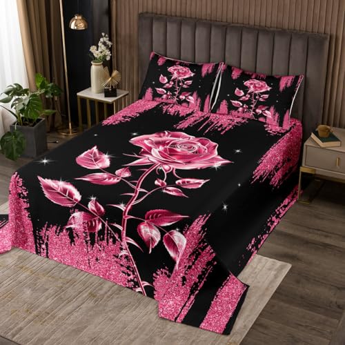 Erosebridal Red Rose Quilt Set for Girls,Glitter Sequins Pattern Coverlet Set Twin,Romantic Rose Bedspread Set,Rustic Rose Leaf Bed Cover with 1 Pillowcase Bedroom Decor