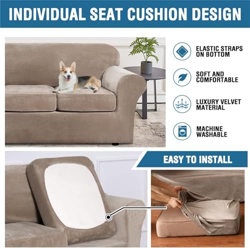 Housse canapé velours extensible 2 places taupe protège meuble - 6