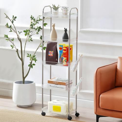 Reelyo キッチンワゴン 隙間収納 棚 スリムラック キャスター付き おしゃれ 多機能 軽量 移動式 組立簡単 洗濯機横/冷蔵庫横/洗面所/ランドリーに ペットボトル/小物/食品/調味料 収納 ラック 幅22cm 5段