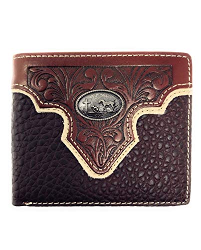 Genuine Leather Floral Tooled Praying Cowboy Concho Mens Short Bifold Wallet in 2 colors (Coffee)