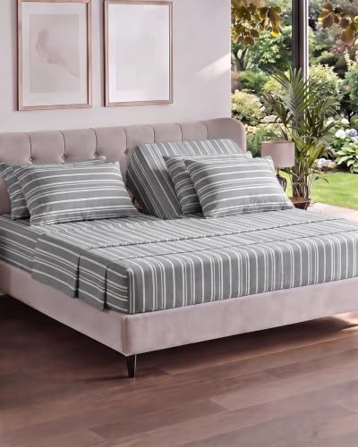 Image of Flex Top Split Head King 6 Piece Sheet Set - Soft & Cooling - Grey Stripes | Ultra Soft Hotel Luxury Bedding Set w / 8-16 Inch Deep Pockets, 1 Flat & 1 Split-Head Fitted Sheet & 4 Pillowcases, Fade Free
