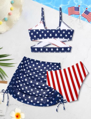 Image of Girls Swimsuits 3 Piece Bathing Suit Allover Printed Criss Cross Bikini Set with Cover Up Skirt Beach Swimwear 7-16 Years