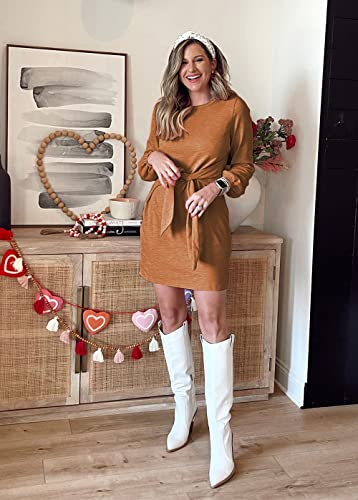 Image of PRETTYGARDEN Womens Spring Elegant Long Lantern Sleeve Short Dress Wedding Guest Crewneck Tie Waist Knit Cocktail Dresses