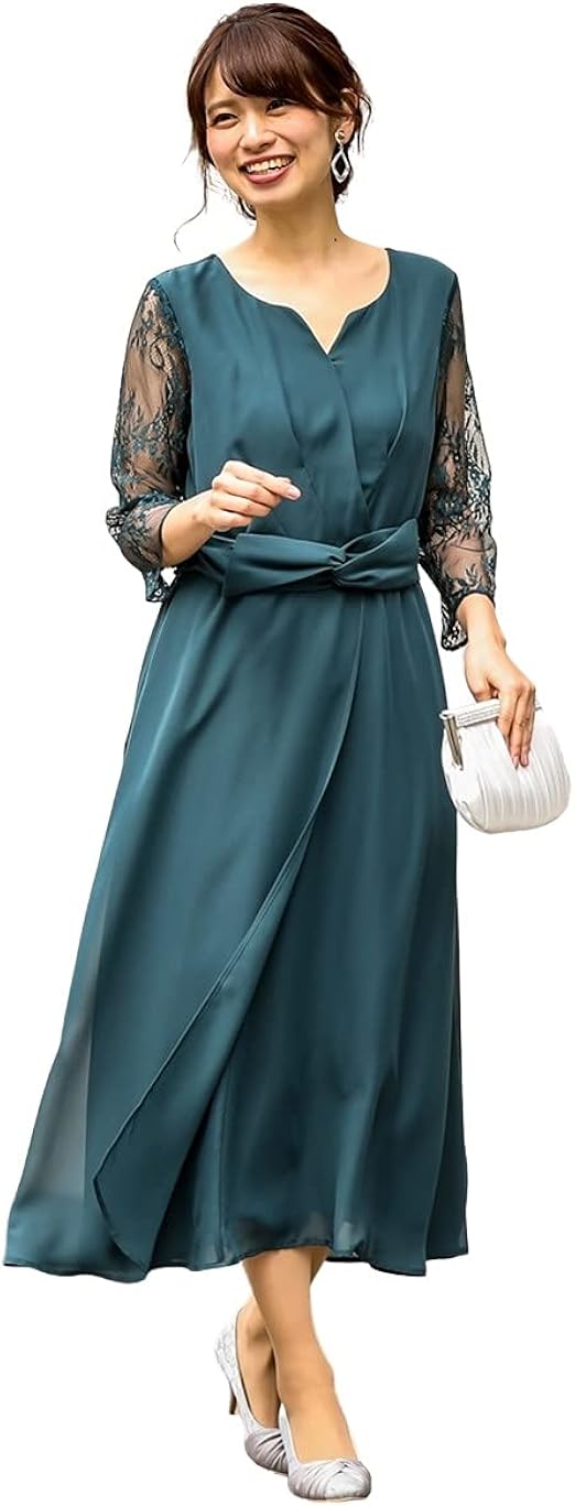 Amazon Co Jp Nissen ニッセン パーティードレス 無地 無地調 レースウエストデザインベルト付き袖レース前開きワンピース ドレス 結婚式 二次会 お呼ばれ対応 大きいサイズ有 グリーン S レディース 服 ファッション小物