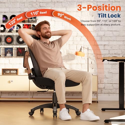 Image of GABRYLLY Ergonomic Office Chair, High Back Home Desk Chair with Flip-Up Arms, 3D Headrest, Thick Sponge Seat &90-120 Recline, Big and Tall Mesh Executive Chairs for Man Woman, Black Woodgrain