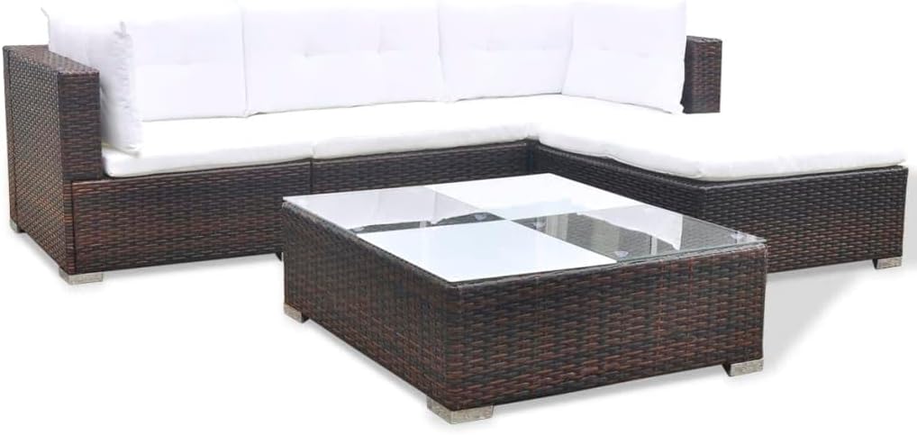 vidaXL Patio Furniture Set 5 Piece, Patio Conversation Set with Cushions, Outdoor Sectional Sofa with Coffee Table for Garden, Poly Rattan Brown