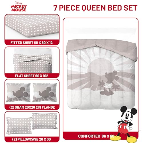 Image of Disney Mickey Mouse Queen Comforter Set 7 Piece Cartoon Bedding, Grey | Bed in a Bag, Comforter Sheets Shams Pillowcases, Official Product, Soft Microfiber, Machine Washable, Kids Gift