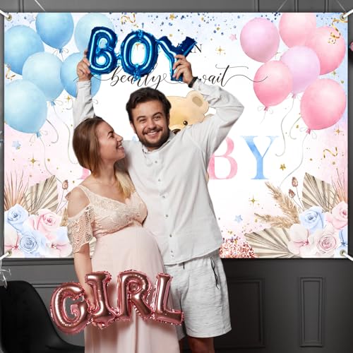 Image of Avezano Boho Bear Gender Reveal Backdrop Banner Boho Floral We Can Bearly Wait Gender Reveal Decorations Pampas Grass He or She Baby Shower Party Decor (7x5ft)