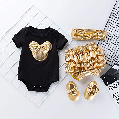 Newborn Baby Girls Mini Mouse Gold Short Sleeve Romper Ruffle Bloomers Pants Headband Shoes Outfits 4Pcs2
