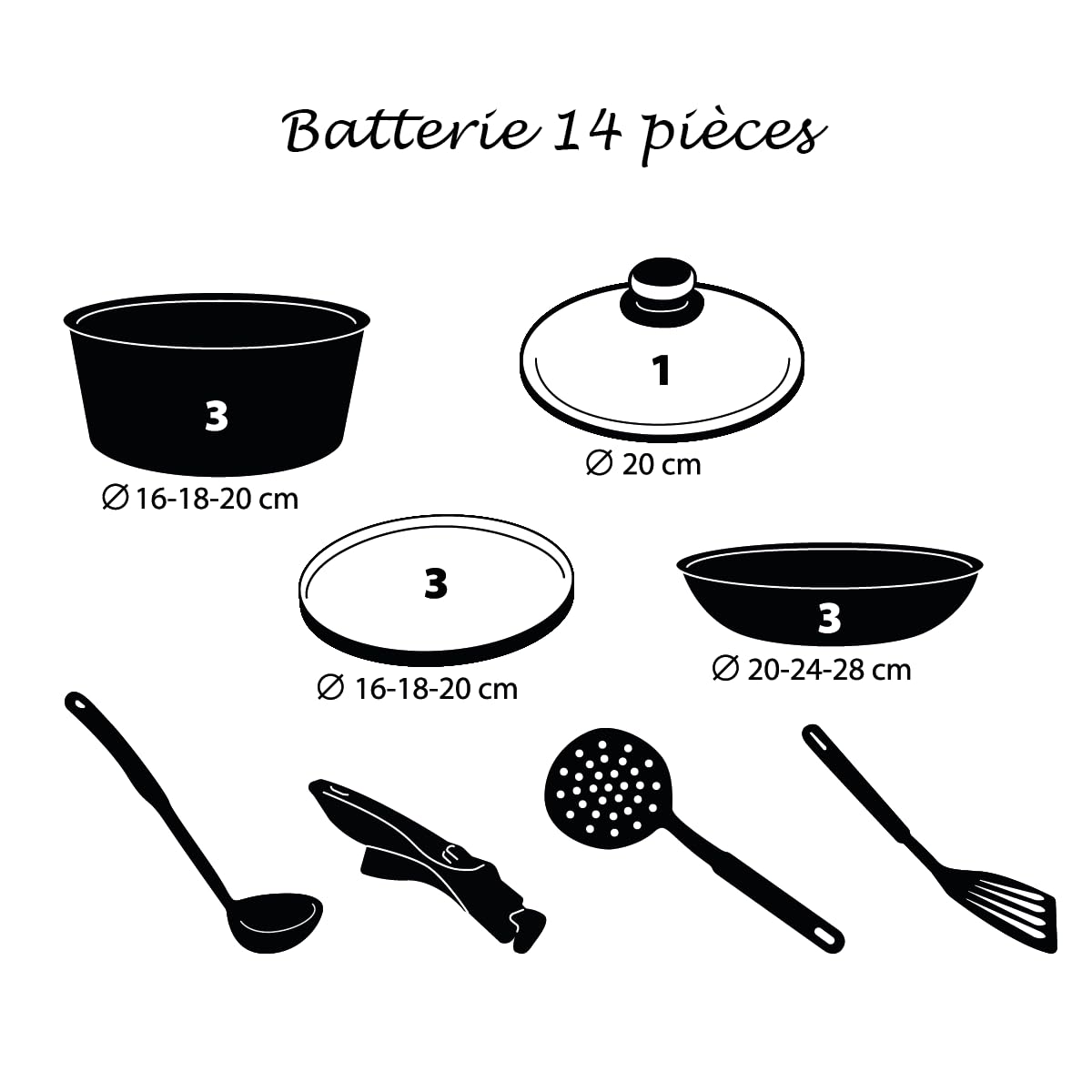 Kamberg - Batterie de Cuisine 14 pcs - Induction - Made in France - Sans PFOA/PFAS - Avec 1 couvercle Pyrex® Ø20 cm