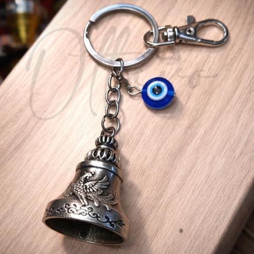 Image of OTTAVO Premium Guardian Bell Keychain for Bike & Car | Tibetan Texture Bell Keychain with Evil Eye & Silver Hook | Good Luck Charm with Laser-Engraved Wooden Gift Box