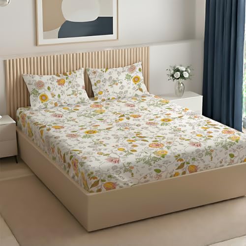 Image of Livspace Cotton Queen Size Bedsheet for Double Bed | 100 inch x 88 inch | 144 TC Flat Cotton Bedsheet with 2 Pillow Covers, Soft & Breathable - Bello Pure Nest Collection (Yellow)