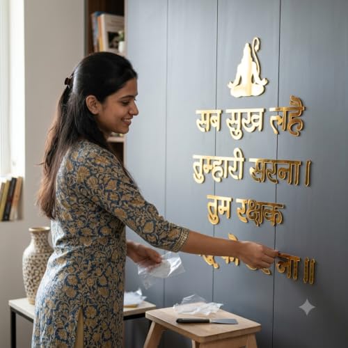 Image of Bikri Kendra - Sab Sukh Lahe Tumhari Sarna Tum Rakshak Kaahu Ko Darna Wall Mantra Pooja Mandir, Study Room, Office Premises, Living Room, Meditation & Yoga Room (Gold)
