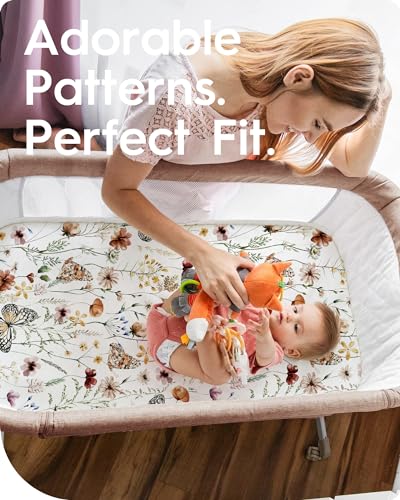 Image of Pack N Play Sheets Fitted, TotBasic Ultra Soft Flower Mini Crib Sheets, Premium Jersey Knit Pack and Play Sheets Girl, Stretchy Play Yard Sheets for Pack and Play Mattress, 2 Pack (Flower Butterfly)