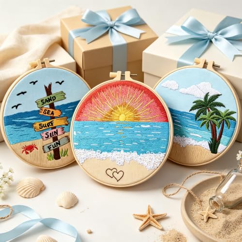 Image of Beach Embroidery Kits for Beginners Adults, Coastal Hand Embroidery Set Needlepoint Kits, Sea Sunrise Stamped Cross Stitch Kits for Beginner Adults, 3 Embroidery Hoop, Fabric (Attached Video Tutorial)