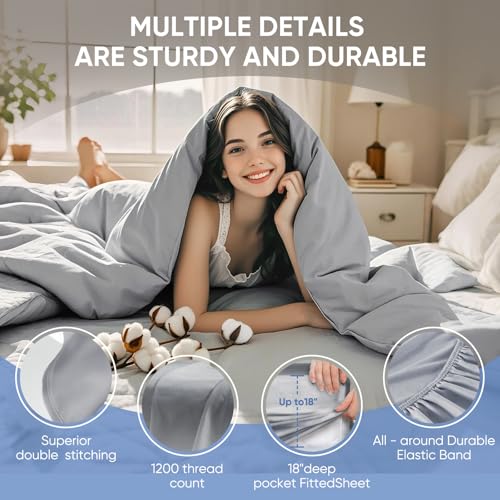 Image of TWK 1200 Thread Count 100% Egyptian Cotton Bedding Set, Premium Thickness, Long-Lasting Durability, Pilling Resistant Design, Deep Pockets Up to 18 inch (Gray, King)