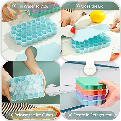 Silicone Ice Cube Trays For Freezer With Lid And Bin, 4 Packs Silicone Ice Cube Mold 148 Small Ice Cubes At One Time For Cocktails Coffee #TOP3