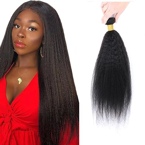 Kinky Straight Human Hair ，Single Bundle 22 Inch Yaki Straight Human Hair Extensions One Bundles， 100% Unprocessed Brazilian Virgin Remy Human Hair For Black Women Natural Color