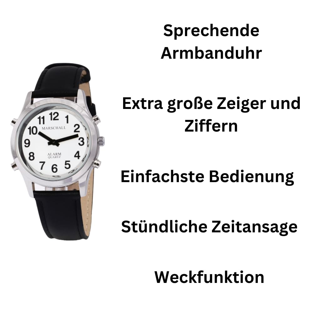 Marschall Deutsch sprechende Herren Armbanduhr I H-SL I Für Blinde, Senioren und Sehbehinderte I Komplette Datumsansage I Extra große Zeiger I Silberfarben mit Lederarmband