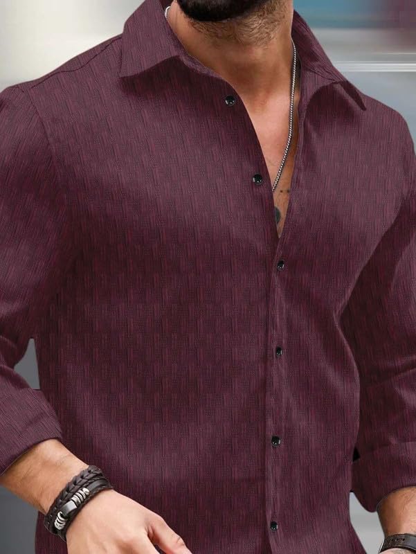 Image of DEELMO Men's Regular Fit Button Down Dress Shirts Textured Long Sleeve Casual Hawaiian Shirt (in, Alpha, 2XL, Regular, Dusty Rose-New)