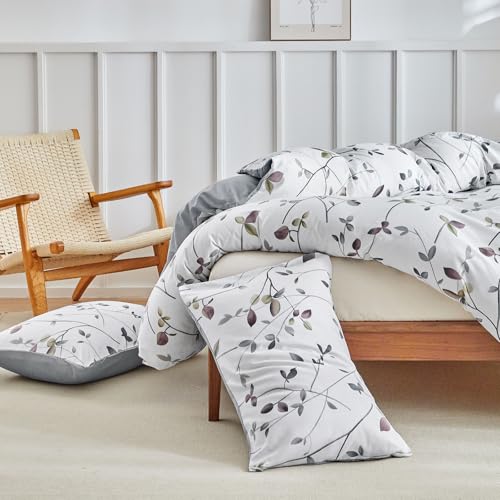Image of Lekesky Reversible Duvet Cover Queen Size, White Grey Tree Branch Pattern Comforter Cover Queen 3pc Super Soft Microfiber Breathable Botanical Bedding Sets with Zipper Ties
