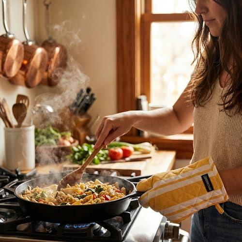 Image of Encasa XO Heat Resistant 100% Cotton Oven Glove & Potholder Set with Loop, Kitchen Cooking Mittens, Microwave Safe Hot Pads (Franca Yellow Stripes)