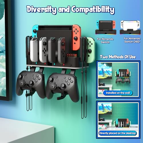 Image of Switch /OLED Wall Mount RGB Charging Dock for Nintendo Switch for Joycon | 4 Controllers Charger Stand, Accessories Organizer with Holder & 15 Light Mode,2 USB Ports,,10 Card Slots