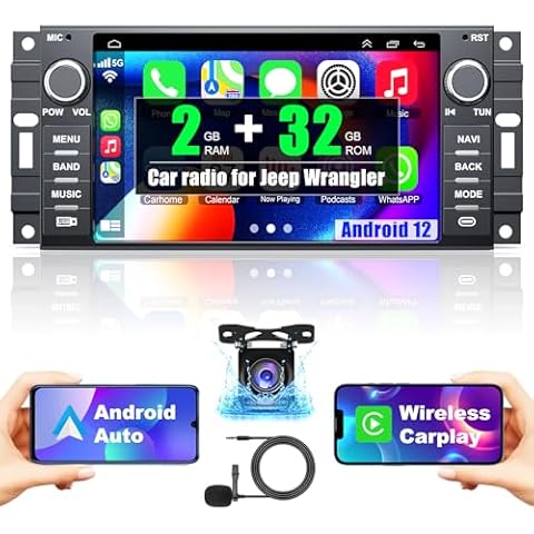 Android 12 Car Radio for Jeep Wrangler JK Compass Grand Cherokee Dodge Ram Chrylser,7 Inch Touchscreen Car Stereo Support Wireless Carplay/Android Auto/GPS/Bluetooth/Back-up Camera/SWC/FM, 2G+32G Cover