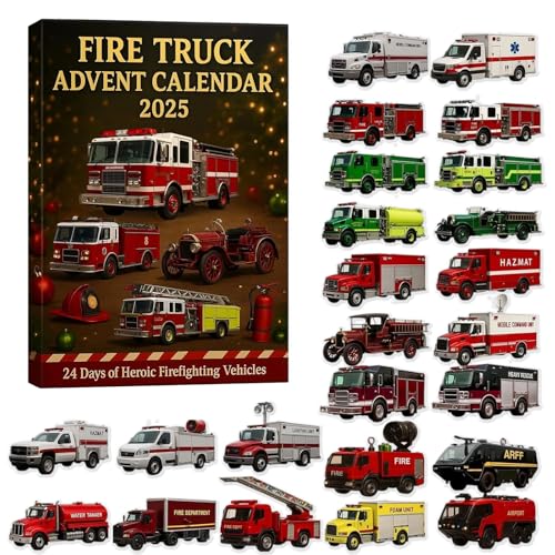 Fire Truck Advent Calendar 2025, 24 Days Christmas Countdown Advent Calendar Boxes, Funny Truck Calendar with Classic & Modern Fire Engines for Family Gifts Holiday Xmas Decoration (1Set)