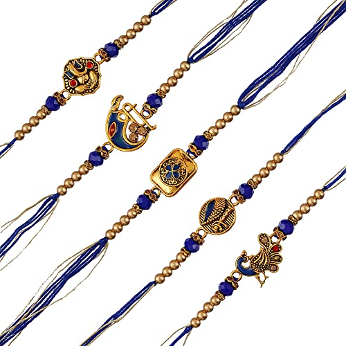 Image of eCraftIndia Set of 5 Blue & Golden Religious Designer Rakhis for Brother Bhabhi Bhaiya Bhai Kids
