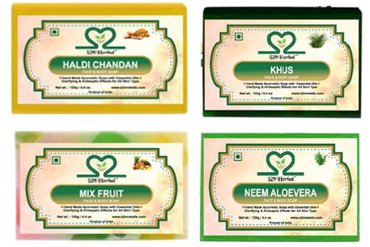 Image of Handmade Soap Combo Kit 10 - Pack of 4 (Haldi Chandan, Neem aloevera, Khus, Mix Fruit Soap) (|Gift Pack For Glowing Skin | (4 x 125g) (4 x 125 g)